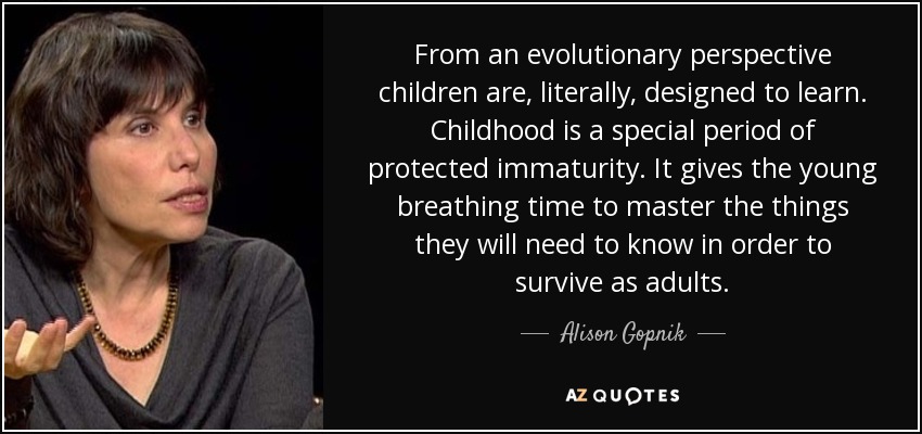 From an evolutionary perspective children are, literally, designed to learn. Childhood is a special period of protected immaturity. It gives the young breathing time to master the things they will need to know in order to survive as adults. - Alison Gopnik