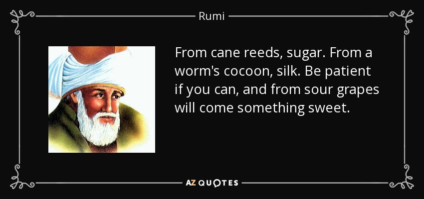 From cane reeds, sugar. From a worm's cocoon, silk. Be patient if you can, and from sour grapes will come something sweet. - Rumi