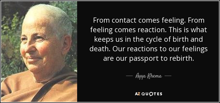 From contact comes feeling. From feeling comes reaction. This is what keeps us in the cycle of birth and death. Our reactions to our feelings are our passport to rebirth. - Ayya Khema