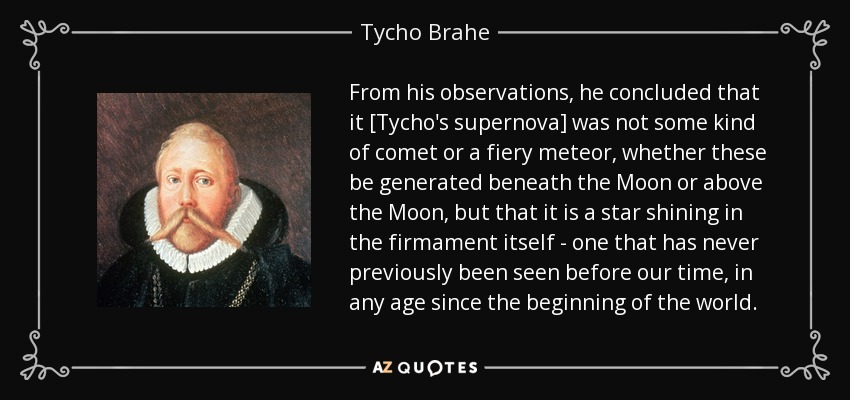 From his observations, he concluded that it [Tycho's supernova] was not some kind of comet or a fiery meteor, whether these be generated beneath the Moon or above the Moon, but that it is a star shining in the firmament itself - one that has never previously been seen before our time, in any age since the beginning of the world. - Tycho Brahe