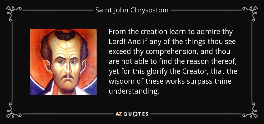 From the creation learn to admire thy Lord! And if any of the things thou see exceed thy comprehension, and thou are not able to find the reason thereof, yet for this glorify the Creator, that the wisdom of these works surpass thine understanding. - Saint John Chrysostom