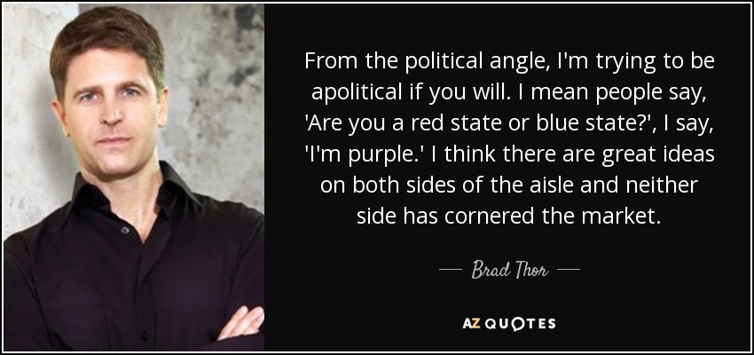 From the political angle, I'm trying to be apolitical if you will. I mean people say, 'Are you a red state or blue state?', I say, 'I'm purple.' I think there are great ideas on both sides of the aisle and neither side has cornered the market. - Brad Thor