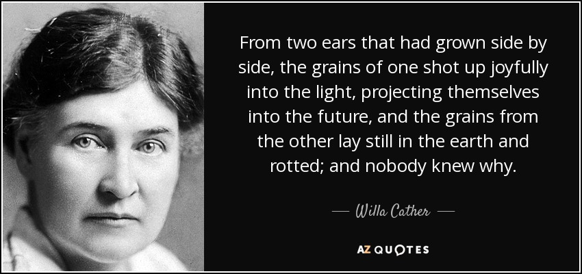 From two ears that had grown side by side, the grains of one shot up joyfully into the light, projecting themselves into the future, and the grains from the other lay still in the earth and rotted; and nobody knew why. - Willa Cather