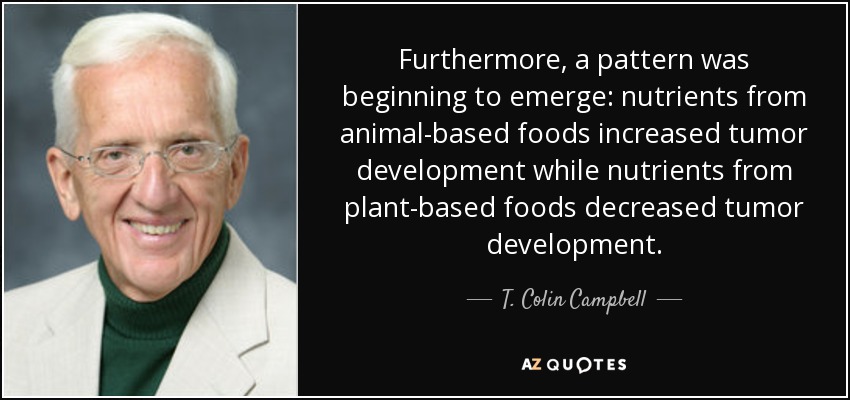 Furthermore, a pattern was beginning to emerge: nutrients from animal-based foods increased tumor development while nutrients from plant-based foods decreased tumor development. - T. Colin Campbell