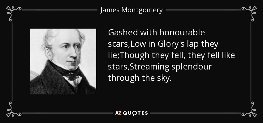 Gashed with honourable scars,Low in Glory's lap they lie;Though they fell, they fell like stars,Streaming splendour through the sky. - James Montgomery