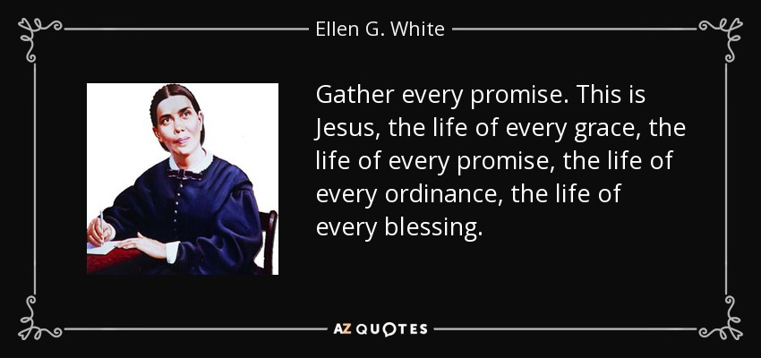 Gather every promise. This is Jesus, the life of every grace, the life of every promise, the life of every ordinance, the life of every blessing. - Ellen G. White