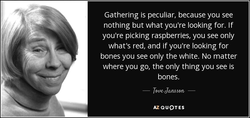 Gathering is peculiar, because you see nothing but what you're looking for. If you're picking raspberries, you see only what's red, and if you're looking for bones you see only the white. No matter where you go, the only thing you see is bones. - Tove Jansson