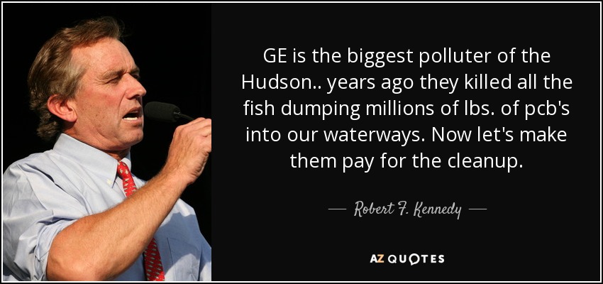 GE is the biggest polluter of the Hudson.. years ago they killed all the fish dumping millions of lbs. of pcb's into our waterways. Now let's make them pay for the cleanup. - Robert F. Kennedy, Jr.