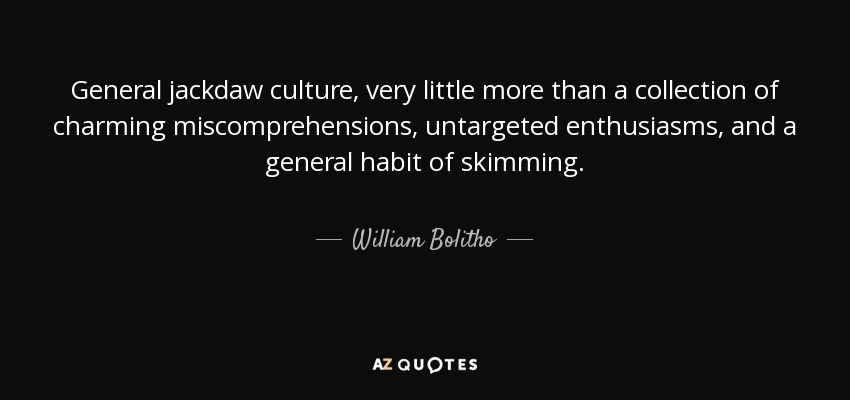 General jackdaw culture, very little more than a collection of charming miscomprehensions, untargeted enthusiasms, and a general habit of skimming. - William Bolitho