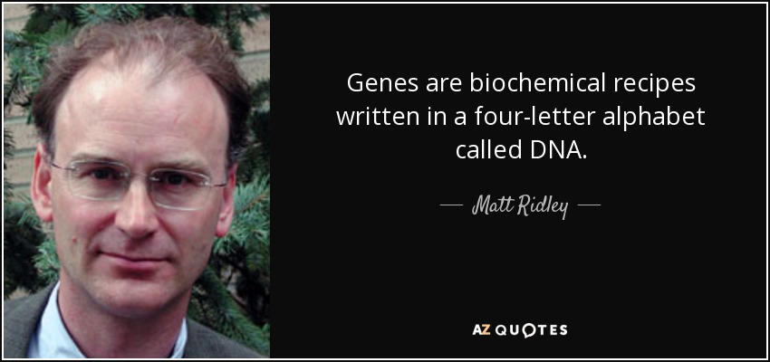 Genes are biochemical recipes written in a four-letter alphabet called DNA. - Matt Ridley