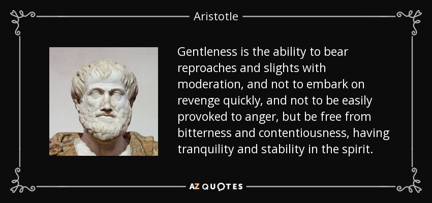 Gentleness is the ability to bear reproaches and slights with moderation, and not to embark on revenge quickly, and not to be easily provoked to anger, but be free from bitterness and contentiousness, having tranquility and stability in the spirit. - Aristotle