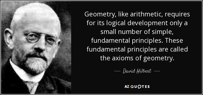 Geometry, like arithmetic, requires for its logical development only a small number of simple, fundamental principles. These fundamental principles are called the axioms of geometry. - David Hilbert