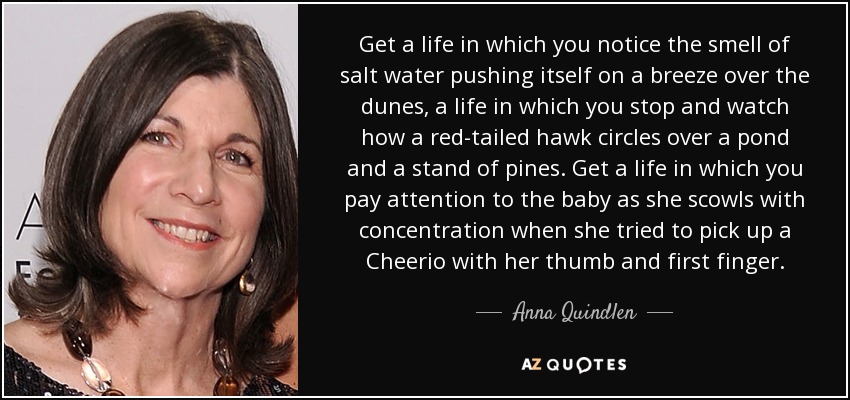 Get a life in which you notice the smell of salt water pushing itself on a breeze over the dunes, a life in which you stop and watch how a red-tailed hawk circles over a pond and a stand of pines. Get a life in which you pay attention to the baby as she scowls with concentration when she tried to pick up a Cheerio with her thumb and first finger. - Anna Quindlen