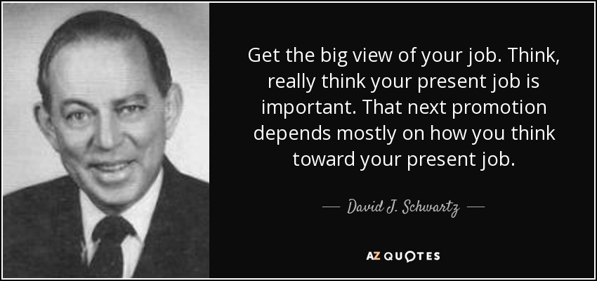 Get the big view of your job. Think, really think your present job is important. That next promotion depends mostly on how you think toward your present job. - David J. Schwartz