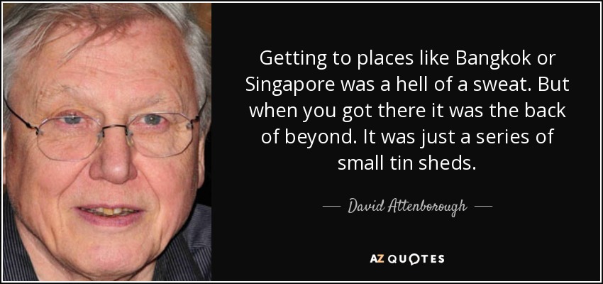 Getting to places like Bangkok or Singapore was a hell of a sweat. But when you got there it was the back of beyond. It was just a series of small tin sheds. - David Attenborough