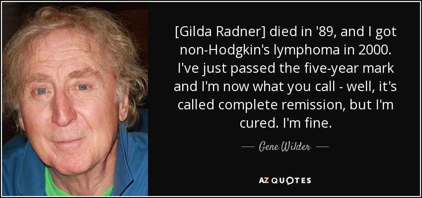 [Gilda Radner] died in '89, and I got non-Hodgkin's lymphoma in 2000. I've just passed the five-year mark and I'm now what you call - well, it's called complete remission, but I'm cured. I'm fine. - Gene Wilder