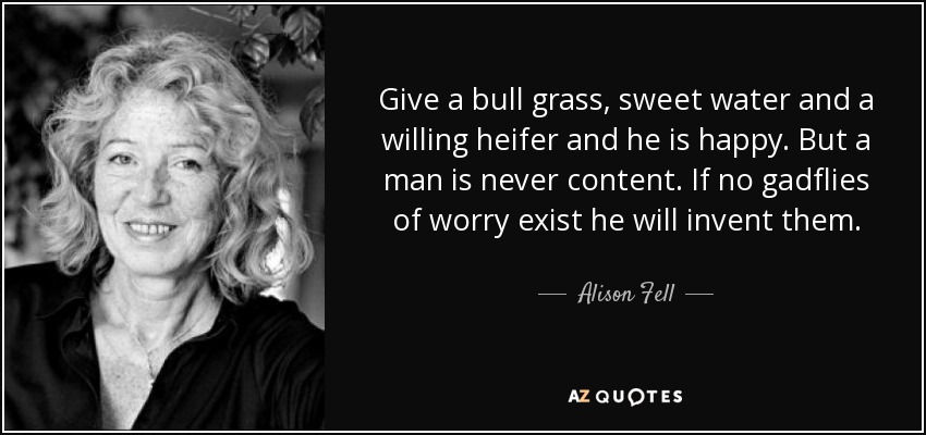 Give a bull grass, sweet water and a willing heifer and he is happy. But a man is never content. If no gadflies of worry exist he will invent them. - Alison Fell