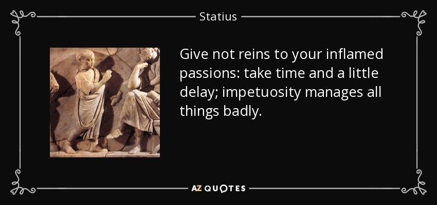 Give not reins to your inflamed passions: take time and a little delay; impetuosity manages all things badly. - Statius