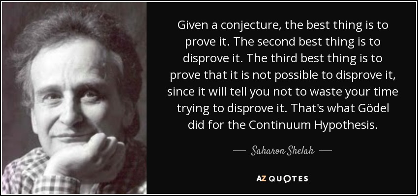 Given a conjecture, the best thing is to prove it. The second best thing is to disprove it. The third best thing is to prove that it is not possible to disprove it, since it will tell you not to waste your time trying to disprove it. That's what Gödel did for the Continuum Hypothesis. - Saharon Shelah