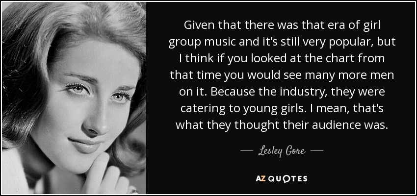 Given that there was that era of girl group music and it's still very popular, but I think if you looked at the chart from that time you would see many more men on it. Because the industry, they were catering to young girls. I mean, that's what they thought their audience was. - Lesley Gore