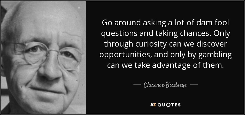 Go around asking a lot of dam fool questions and taking chances. Only through curiosity can we discover opportunities, and only by gambling can we take advantage of them. - Clarence Birdseye