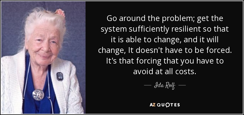 Go around the problem; get the system sufficiently resilient so that it is able to change, and it will change, It doesn't have to be forced. It's that forcing that you have to avoid at all costs. - Ida Rolf