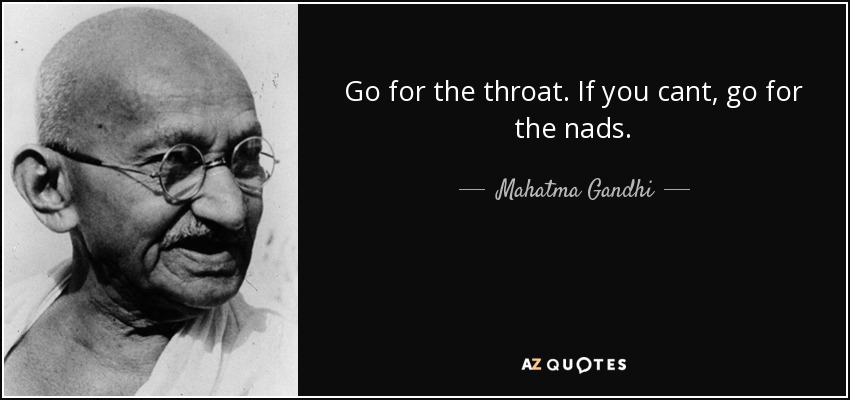 Go for the throat. If you cant, go for the nads. - Mahatma Gandhi