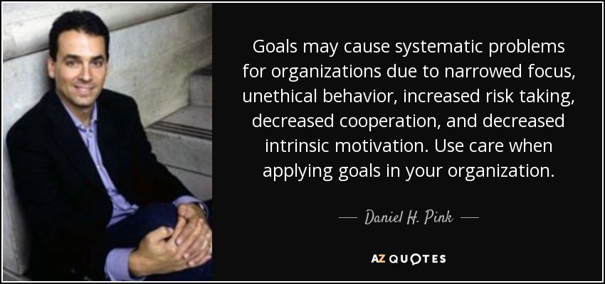 Goals may cause systematic problems for organizations due to narrowed focus, unethical behavior, increased risk taking, decreased cooperation, and decreased intrinsic motivation. Use care when applying goals in your organization. - Daniel H. Pink