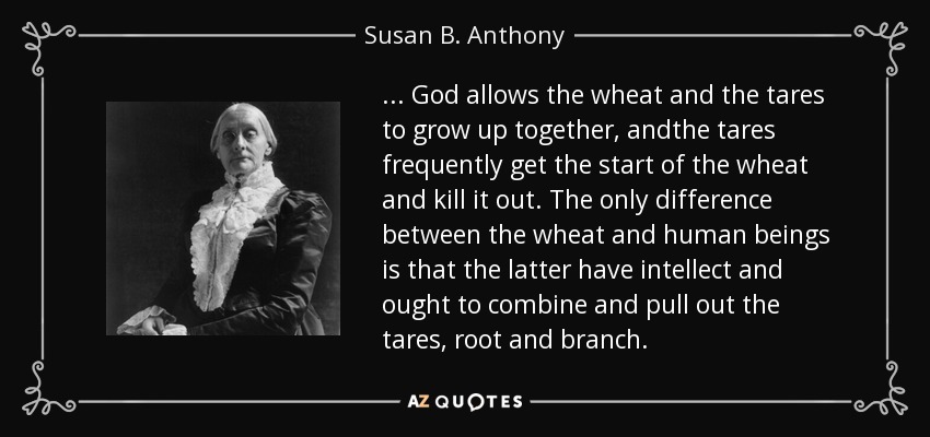 ... God allows the wheat and the tares to grow up together, andthe tares frequently get the start of the wheat and kill it out. The only difference between the wheat and human beings is that the latter have intellect and ought to combine and pull out the tares, root and branch. - Susan B. Anthony