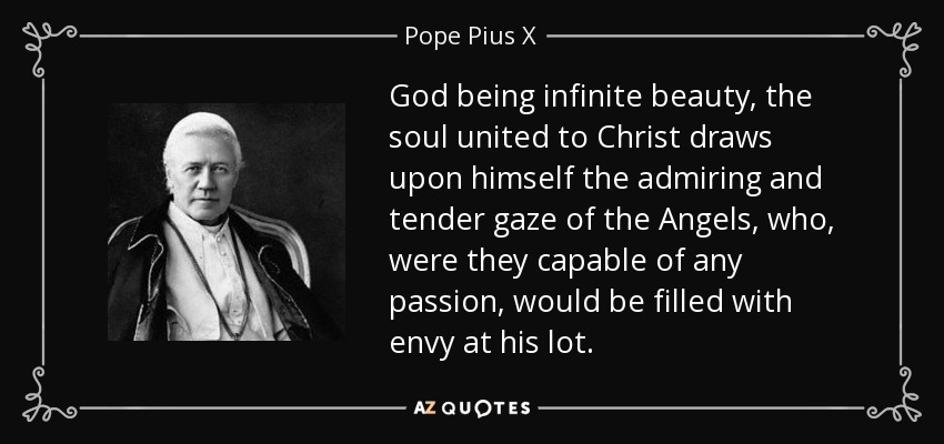 God being infinite beauty, the soul united to Christ draws upon himself the admiring and tender gaze of the Angels, who, were they capable of any passion, would be filled with envy at his lot. - Pope Pius X