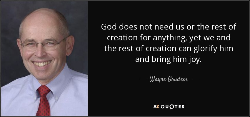 God does not need us or the rest of creation for anything, yet we and the rest of creation can glorify him and bring him joy. - Wayne Grudem