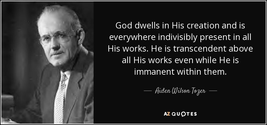 God dwells in His creation and is everywhere indivisibly present in all His works. He is transcendent above all His works even while He is immanent within them. - Aiden Wilson Tozer