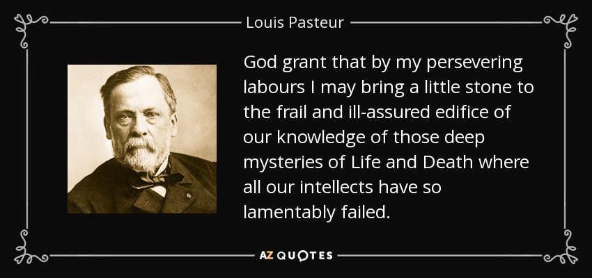 God grant that by my persevering labours I may bring a little stone to the frail and ill-assured edifice of our knowledge of those deep mysteries of Life and Death where all our intellects have so lamentably failed. - Louis Pasteur