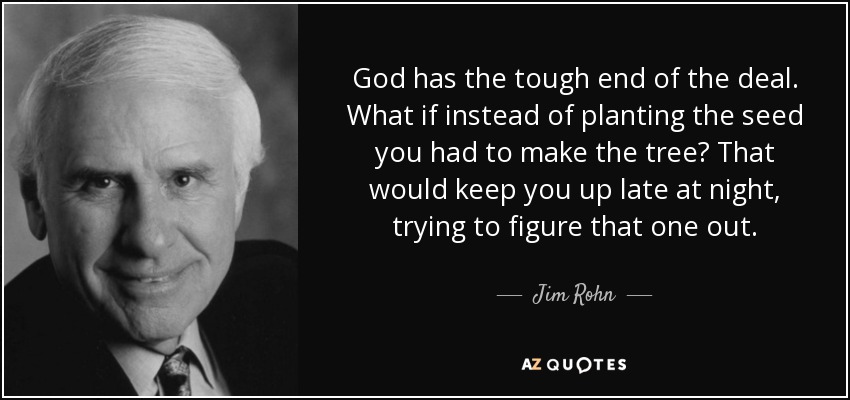 God has the tough end of the deal. What if instead of planting the seed you had to make the tree? That would keep you up late at night, trying to figure that one out. - Jim Rohn