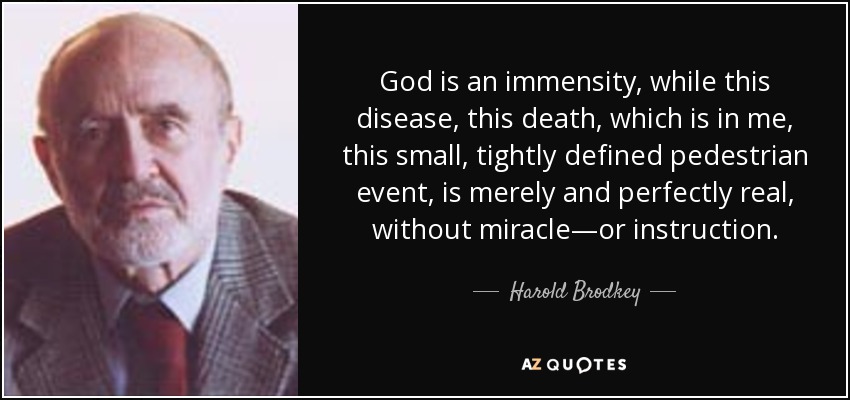 God is an immensity, while this disease, this death, which is in me, this small, tightly defined pedestrian event, is merely and perfectly real, without miracle—or instruction. - Harold Brodkey