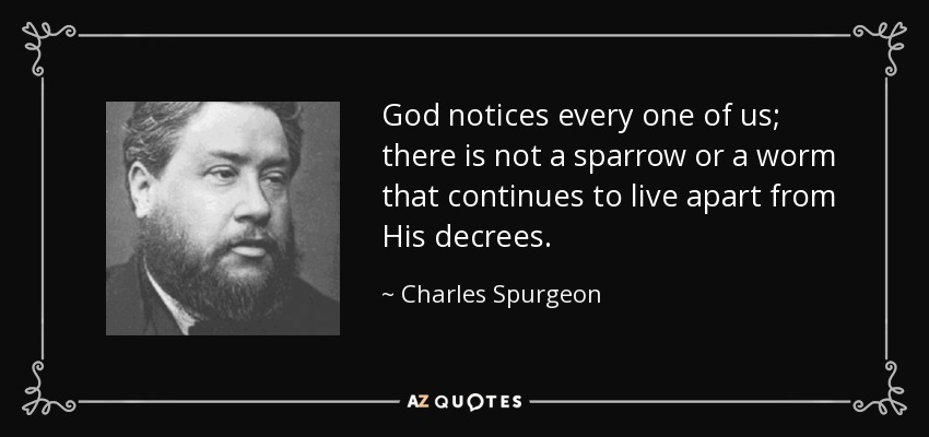 God notices every one of us; there is not a sparrow or a worm that continues to live apart from His decrees. - Charles Spurgeon