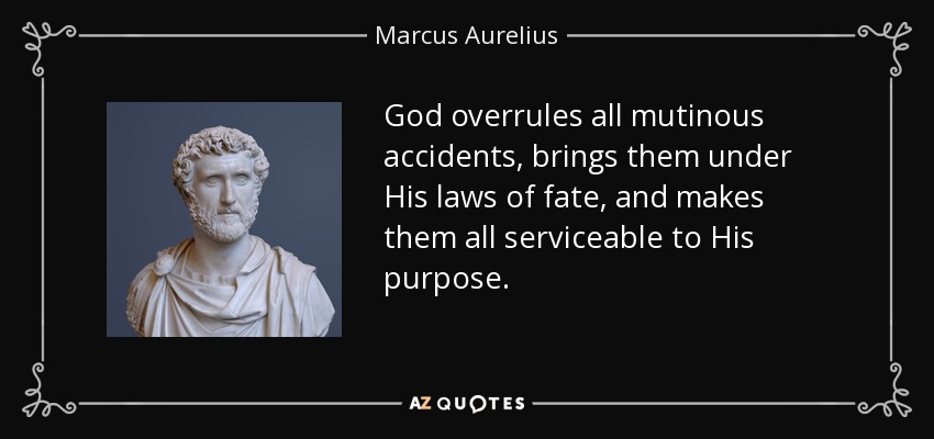 God overrules all mutinous accidents, brings them under His laws of fate, and makes them all serviceable to His purpose. - Marcus Aurelius
