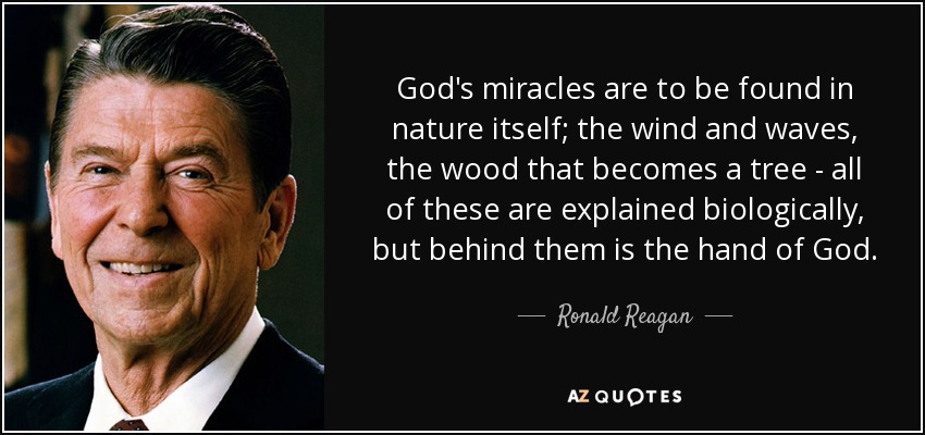 God's miracles are to be found in nature itself; the wind and waves, the wood that becomes a tree - all of these are explained biologically, but behind them is the hand of God. - Ronald Reagan