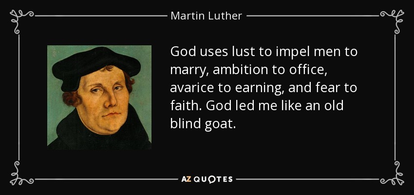 God uses lust to impel men to marry, ambition to office, avarice to earning, and fear to faith. God led me like an old blind goat. - Martin Luther
