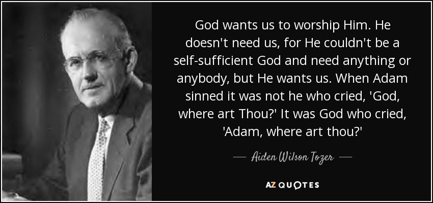 God wants us to worship Him. He doesn't need us, for He couldn't be a self-sufficient God and need anything or anybody, but He wants us. When Adam sinned it was not he who cried, 'God, where art Thou?' It was God who cried, 'Adam, where art thou?' - Aiden Wilson Tozer