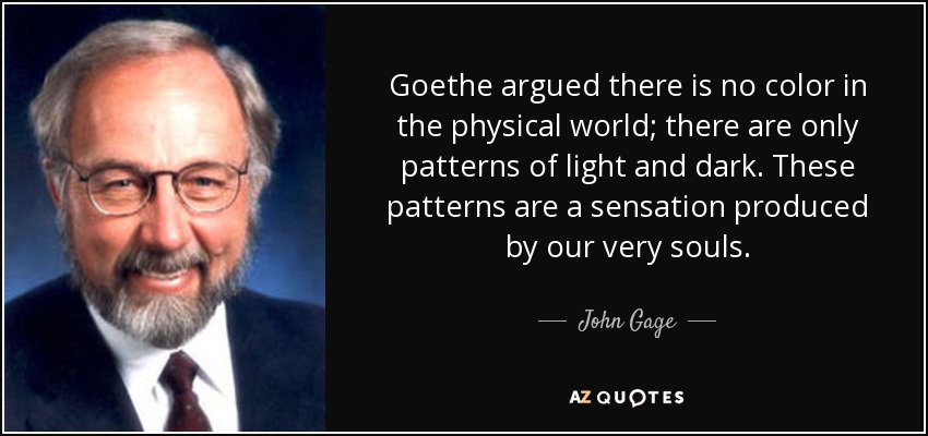 Goethe argued there is no color in the physical world; there are only patterns of light and dark. These patterns are a sensation produced by our very souls. - John Gage