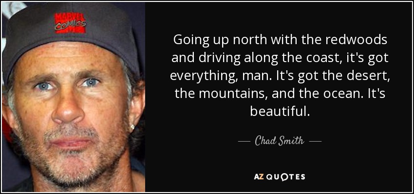 Going up north with the redwoods and driving along the coast, it's got everything, man. It's got the desert, the mountains, and the ocean. It's beautiful. - Chad Smith