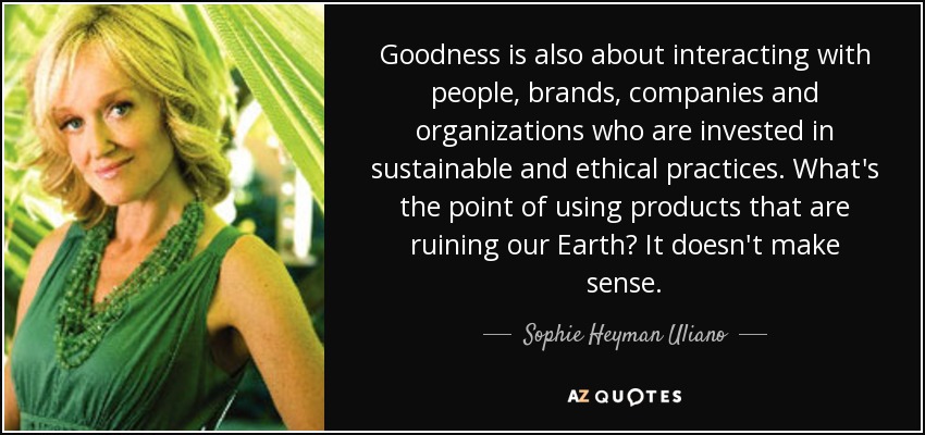 Goodness is also about interacting with people, brands, companies and organizations who are invested in sustainable and ethical practices. What's the point of using products that are ruining our Earth? It doesn't make sense. - Sophie Heyman Uliano