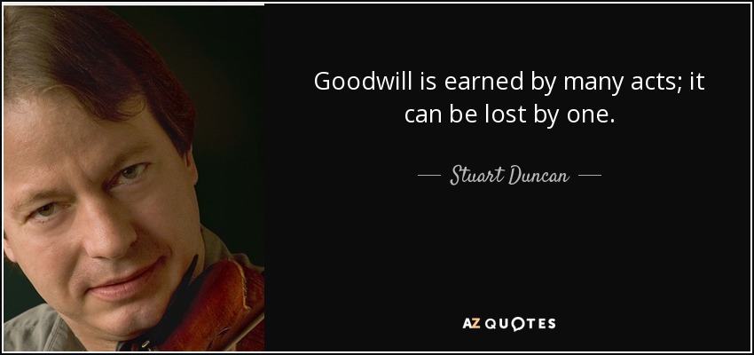 Goodwill is earned by many acts; it can be lost by one. - Stuart Duncan