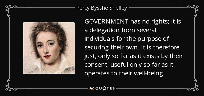 GOVERNMENT has no rights; it is a delegation from several individuals for the purpose of securing their own. It is therefore just, only so far as it exists by their consent, useful only so far as it operates to their well-being. - Percy Bysshe Shelley