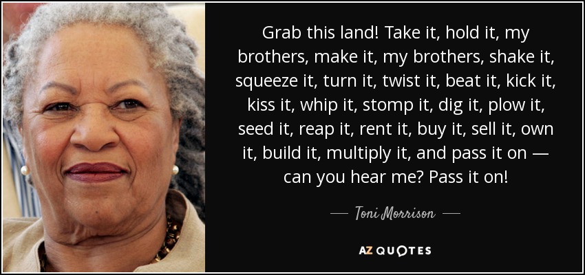 Grab this land! Take it, hold it, my brothers, make it, my brothers, shake it, squeeze it, turn it, twist it, beat it, kick it, kiss it, whip it, stomp it, dig it, plow it, seed it, reap it, rent it, buy it, sell it, own it, build it, multiply it, and pass it on — can you hear me? Pass it on! - Toni Morrison