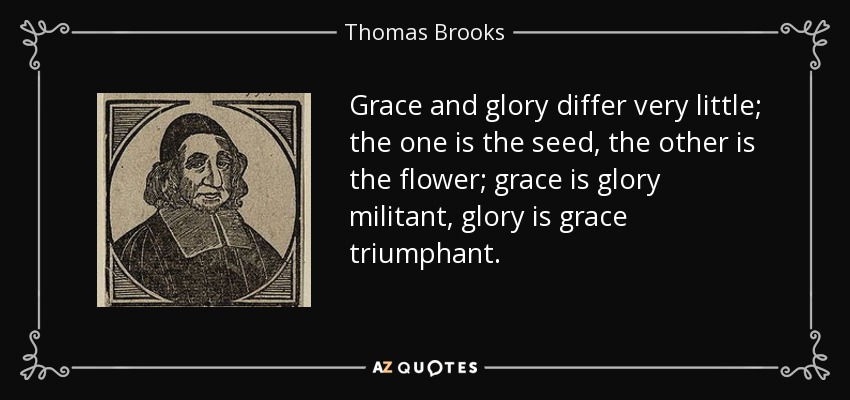 Grace and glory differ very little; the one is the seed, the other is the flower; grace is glory militant, glory is grace triumphant. - Thomas Brooks