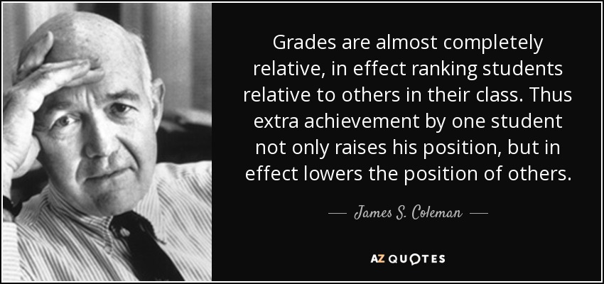 Grades are almost completely relative, in effect ranking students relative to others in their class. Thus extra achievement by one student not only raises his position, but in effect lowers the position of others. - James S. Coleman