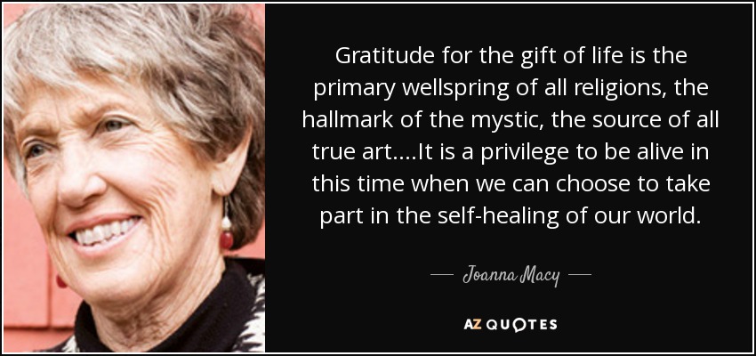 Gratitude for the gift of life is the primary wellspring of all religions, the hallmark of the mystic, the source of all true art....It is a privilege to be alive in this time when we can choose to take part in the self-healing of our world. - Joanna Macy
