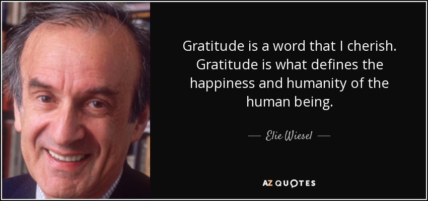 Gratitude is a word that I cherish. Gratitude is what defines the happiness and humanity of the human being. - Elie Wiesel
